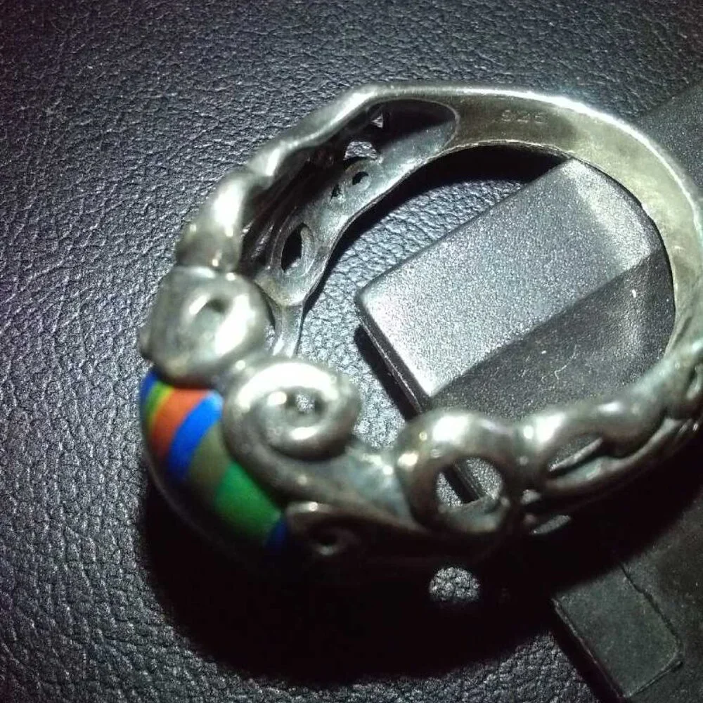 Sterling Ring Sz 8 Rainbow Calsilica Cabochon 925 Vintage - Picture 5 of 8